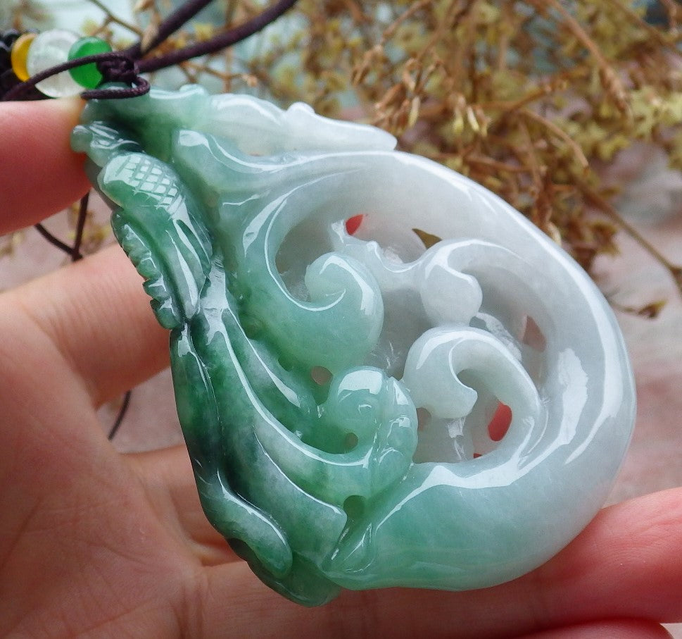 Certified Green Burma 100% Natural A Jade jadeite Pendant Phoenix Flower Ruyi Necklace 凤凰 630767 TN