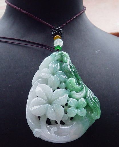 Certified Green Burma 100% Natural A Jade jadeite Pendant Phoenix Flower Ruyi Necklace 凤凰 630767 TN