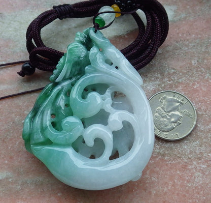 Certified Green Burma 100% Natural A Jade jadeite Pendant Phoenix Flower Ruyi Necklace 凤凰 630767 TN