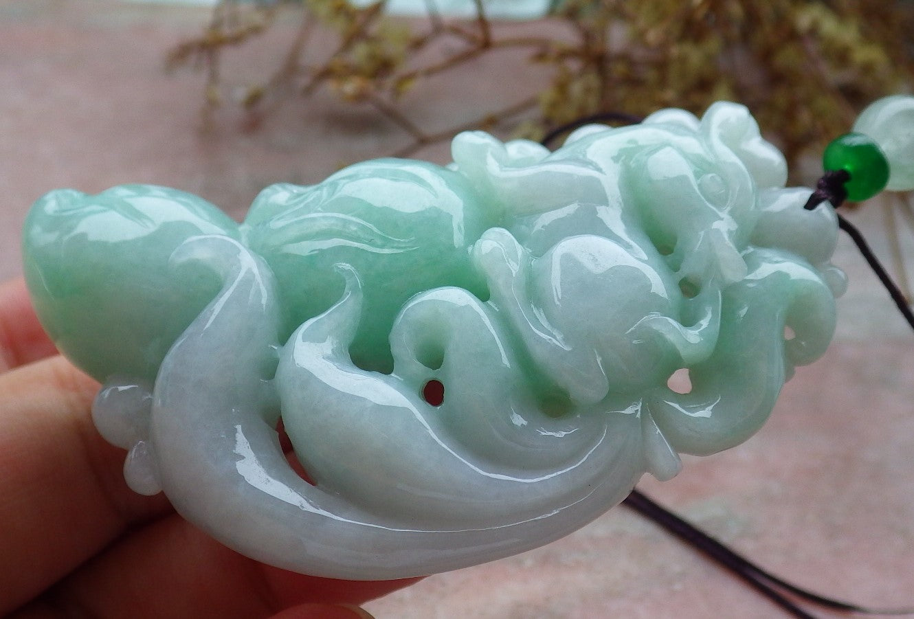 Certified Green Burma 100% Natural A Jade jadeite Pendant Fox Peach Money Coin Necklace 狐狸 630810 TN