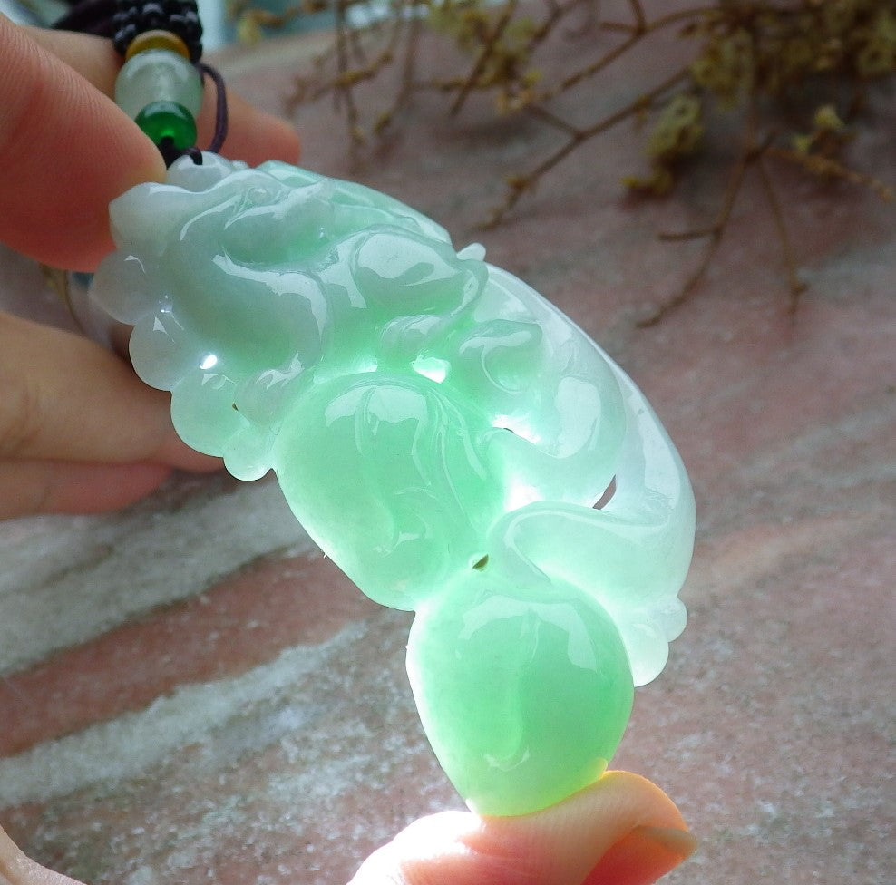 Certified Green Burma 100% Natural A Jade jadeite Pendant Fox Peach Money Coin Necklace 狐狸 630810 TN
