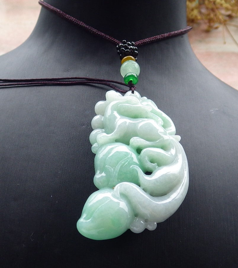 Certified Green Burma 100% Natural A Jade jadeite Pendant Fox Peach Money Coin Necklace 狐狸 630810 TN
