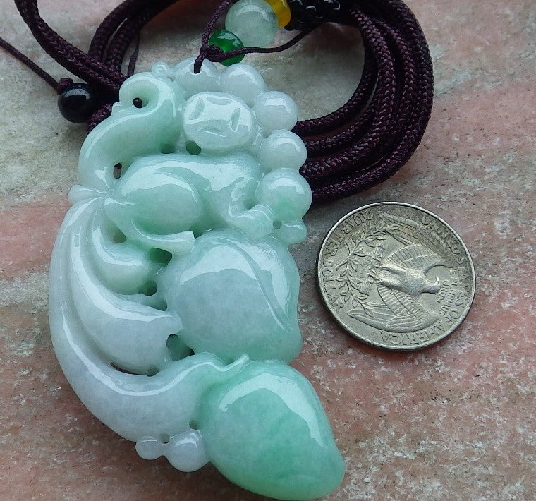 Certified Green Burma 100% Natural A Jade jadeite Pendant Fox Peach Money Coin Necklace 狐狸 630810 TN