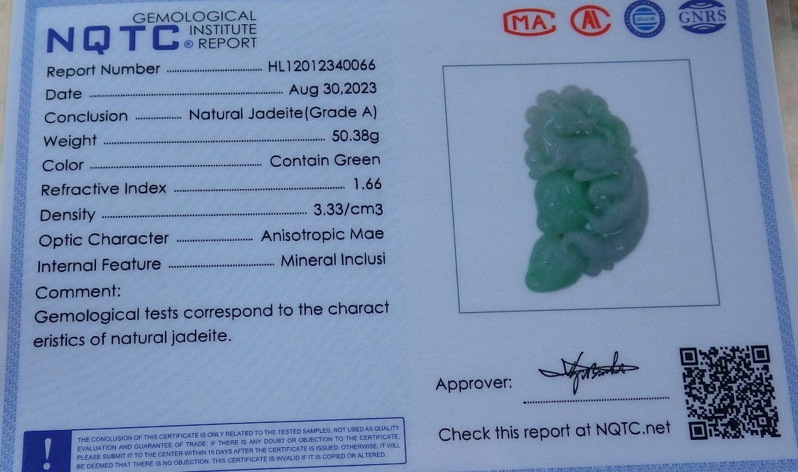 Certified Green Burma 100% Natural A Jade jadeite Pendant Fox Peach Money Coin Necklace 狐狸 630810 TN