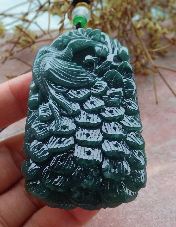 Certified Icy Green Burma 100% Natural A Jade jadeite Pendant Peacock Phoenix Necklace 孔雀 凤凰 630853 TN