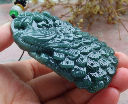 Certified Icy Green Burma 100% Natural A Jade jadeite Pendant Peacock Phoenix Necklace 孔雀 凤凰 630853 TN