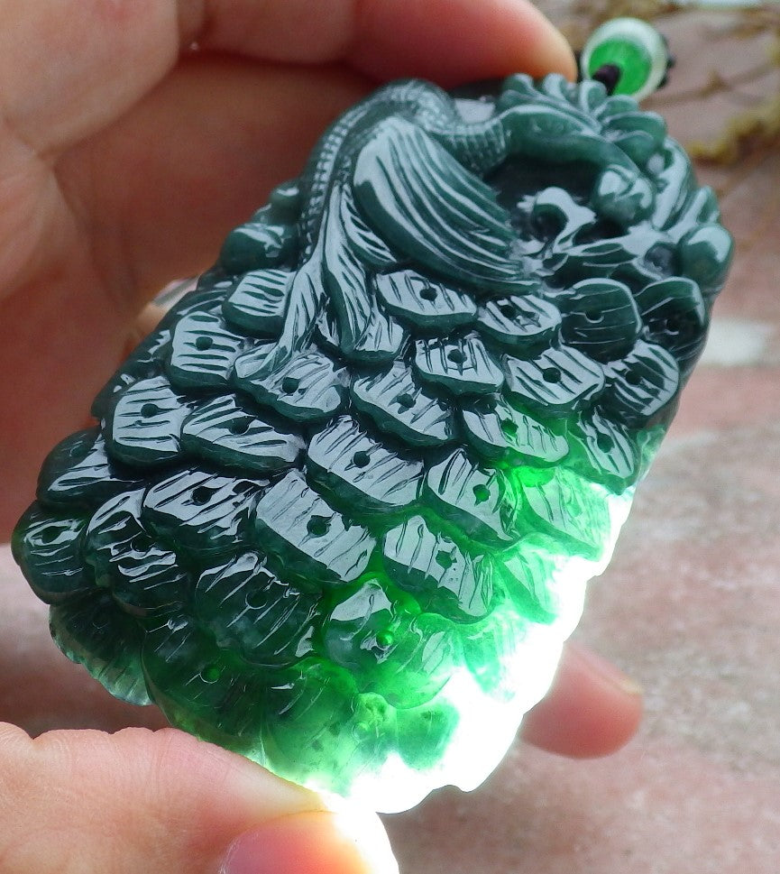 Certified Icy Green Burma 100% Natural A Jade jadeite Pendant Peacock Phoenix Necklace 孔雀 凤凰 630853 TN