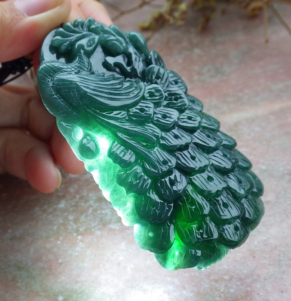 Certified Icy Green Burma 100% Natural A Jade jadeite Pendant Peacock Phoenix Necklace 孔雀 凤凰 630853 TN