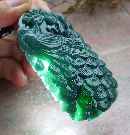 Certified Icy Green Burma 100% Natural A Jade jadeite Pendant Peacock Phoenix Necklace 孔雀 凤凰 630853 TN