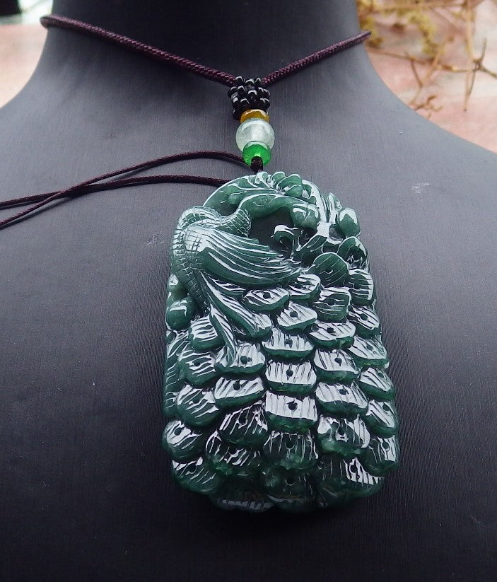 Certified Icy Green Burma 100% Natural A Jade jadeite Pendant Peacock Phoenix Necklace 孔雀 凤凰 630853 TN