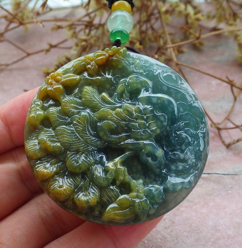 Certified Icy Yellow Green Burma 100% Natural A Jade jadeite Pendant Peacock Phoenix Flower Necklace 孔雀 凤凰 630862 TN