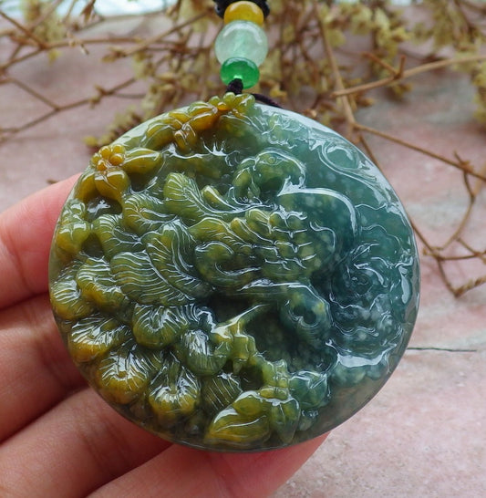 Certified Icy Yellow Green Burma 100% Natural A Jade jadeite Pendant Peacock Phoenix Flower Necklace 孔雀 凤凰 630862 TN