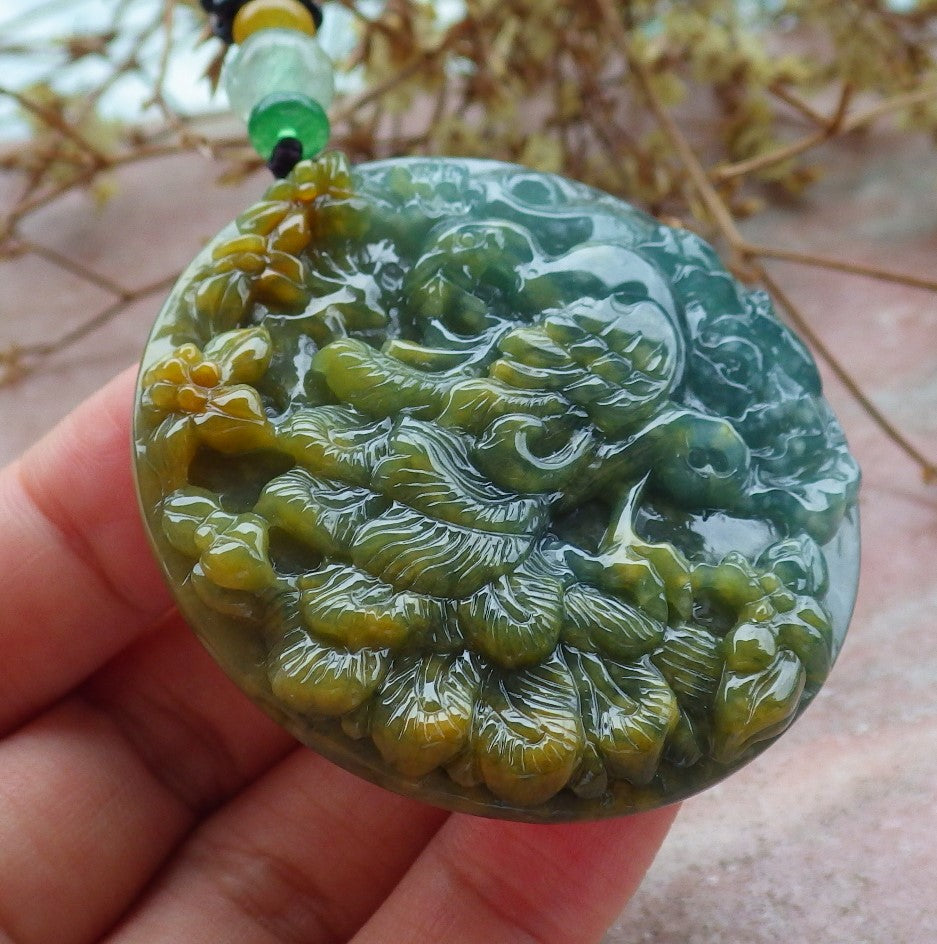 Certified Icy Yellow Green Burma 100% Natural A Jade jadeite Pendant Peacock Phoenix Flower Necklace 孔雀 凤凰 630862 TN
