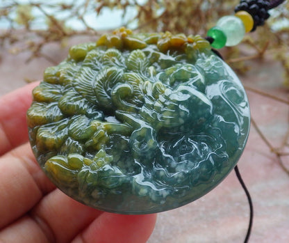 Certified Icy Yellow Green Burma 100% Natural A Jade jadeite Pendant Peacock Phoenix Flower Necklace 孔雀 凤凰 630862 TN