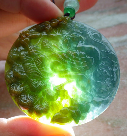 Certified Icy Yellow Green Burma 100% Natural A Jade jadeite Pendant Peacock Phoenix Flower Necklace 孔雀 凤凰 630862 TN