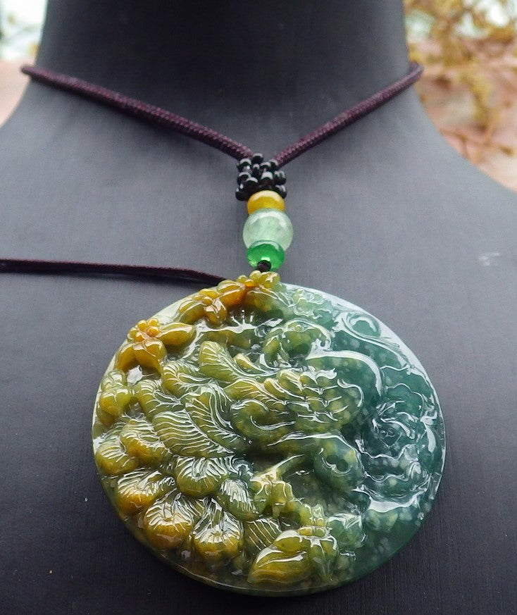 Certified Icy Yellow Green Burma 100% Natural A Jade jadeite Pendant Peacock Phoenix Flower Necklace 孔雀 凤凰 630862 TN
