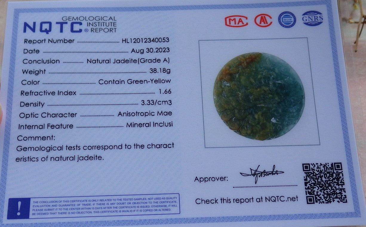 Certified Icy Yellow Green Burma 100% Natural A Jade jadeite Pendant Peacock Phoenix Flower Necklace 孔雀 凤凰 630862 TN