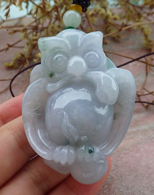 Certified Green Burma 100% Natural A Jade jadeite Pendant Owl Peach Ruyi Necklace 猫头鹰 630878 TN
