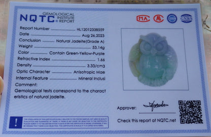 Atestita Verda Pala Lavenda Birmo 100% Natura A Jadejadeito Pendanta Strigo Ruyi Monera Koliero 猫头鹰 630886 TN