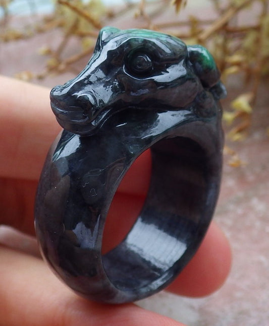 Certified Black Green Burma 100% Natural A JADE Jadeite Cow Ox RING USA. 12.5 戒指 630907 TN