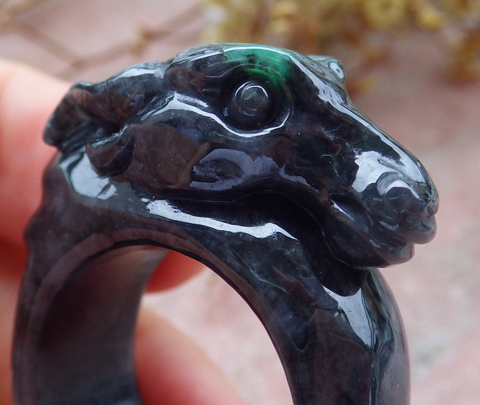Certified Black Green Burma 100% Natural A JADE Jadeite Cow Ox RING USA. 12.5 戒指 630907 TN