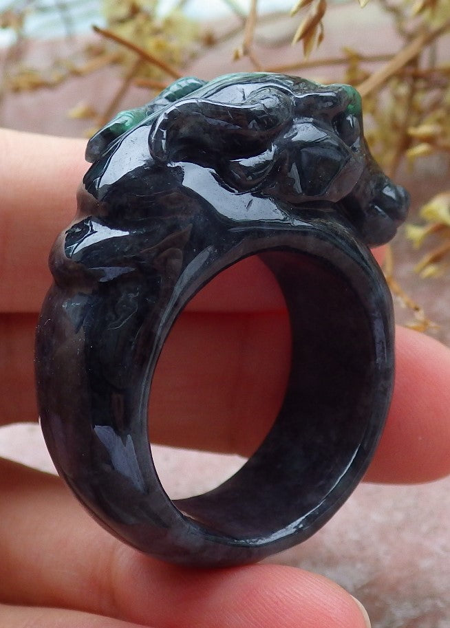 Certified Black Green Burma 100% Natural A JADE Jadeite Cow Ox RING USA. 12.5 戒指 630907 TN