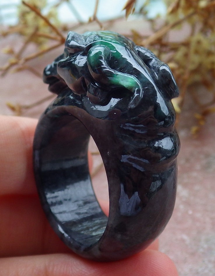 Certified Black Green Burma 100% Natural A JADE Jadeite Cow Ox RING USA. 12.5 戒指 630907 TN