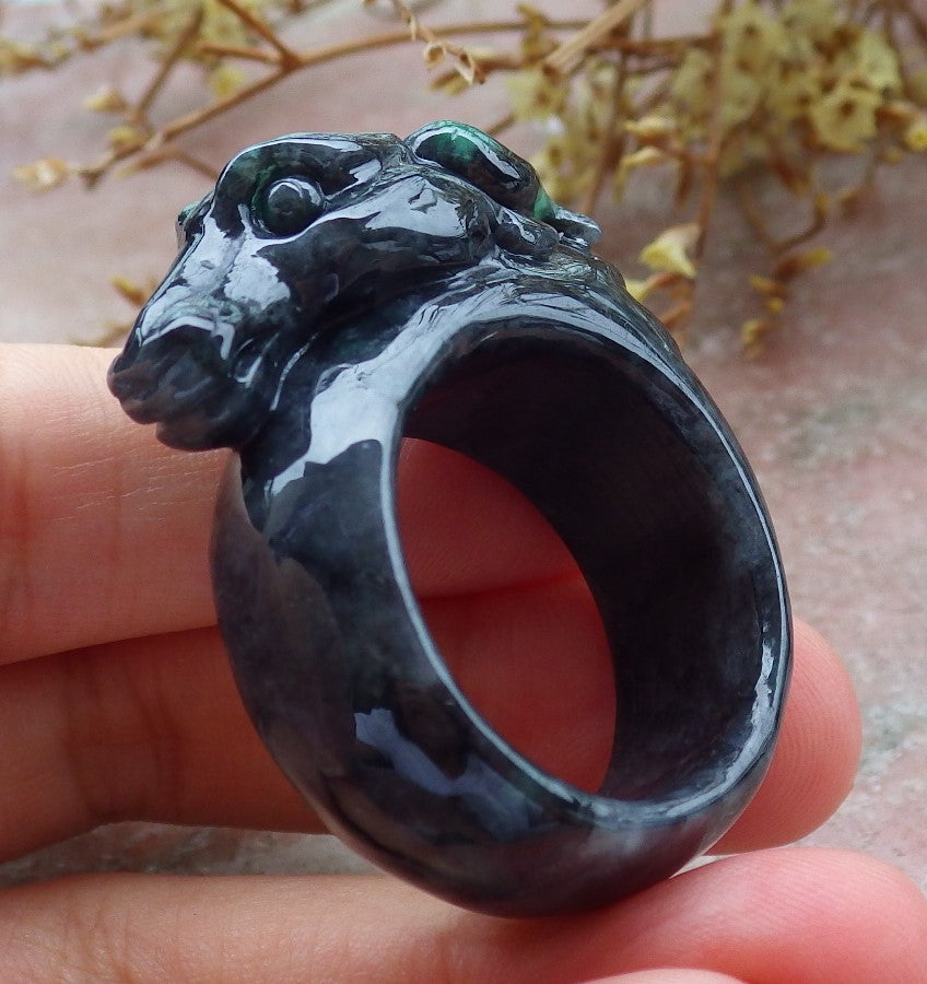 Certified Black Green Burma 100% Natural A JADE Jadeite Cow Ox RING USA. 12.5 戒指 630907 TN