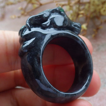 Certified Black Green Burma 100% Natural A JADE Jadeite Cow Ox RING USA. 12.5 戒指 630907 TN