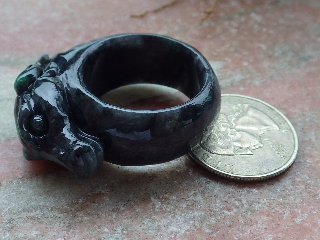 Certified Black Green Burma 100% Natural A JADE Jadeite Cow Ox RING USA. 12.5 戒指 630907 TN