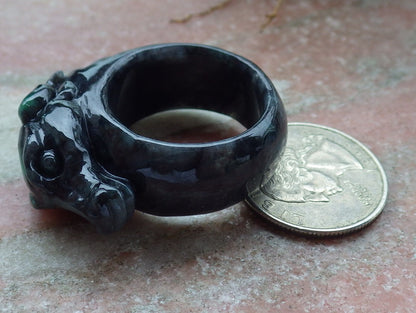 Certified Black Green Burma 100% Natural A JADE Jadeite Cow Ox RING USA. 12.5 戒指 630907 TN