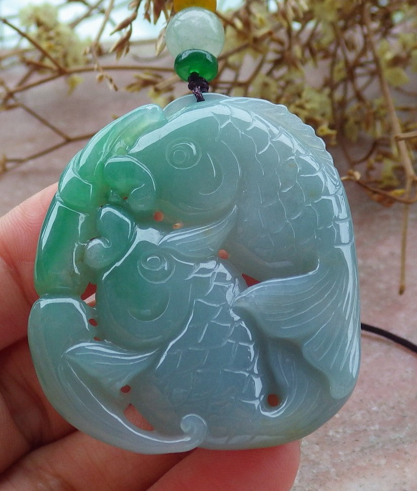 Certified Green Burma 100% Natural A Jade jadeite Pendant Fish Lotus Money Coin Necklace 年年有余 630917 TN