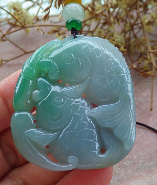 Certified Green Burma 100% Natural A Jade jadeite Pendant Fish Lotus Money Coin Necklace 年年有余 630917 TN