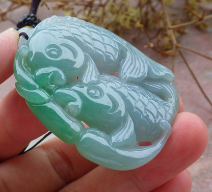 Certified Green Burma 100% Natural A Jade jadeite Pendant Fish Lotus Money Coin Necklace 年年有余 630917 TN
