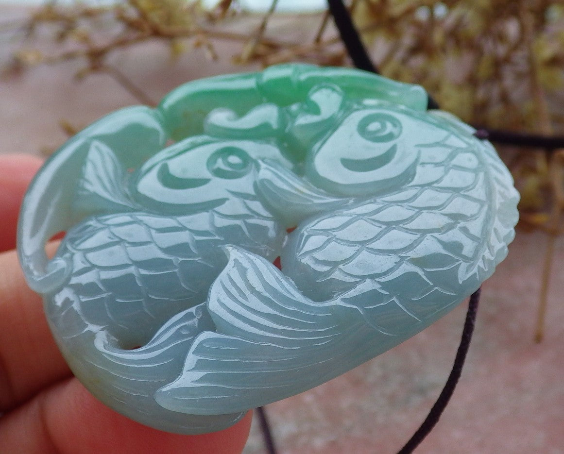 Certified Green Burma 100% Natural A Jade jadeite Pendant Fish Lotus Money Coin Necklace 年年有余 630917 TN