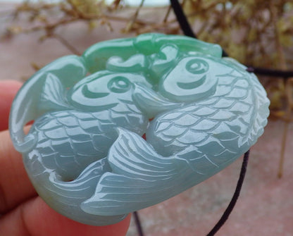 Certified Green Burma 100% Natural A Jade jadeite Pendant Fish Lotus Money Coin Necklace 年年有余 630917 TN