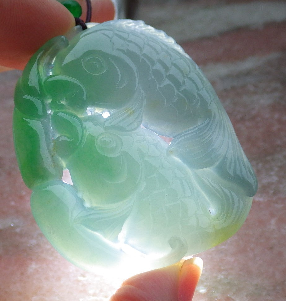 Certified Green Burma 100% Natural A Jade jadeite Pendant Fish Lotus Money Coin Necklace 年年有余 630917 TN