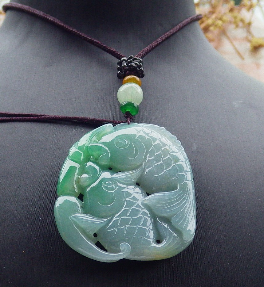 Certified Green Burma 100% Natural A Jade jadeite Pendant Fish Lotus Money Coin Necklace 年年有余 630917 TN