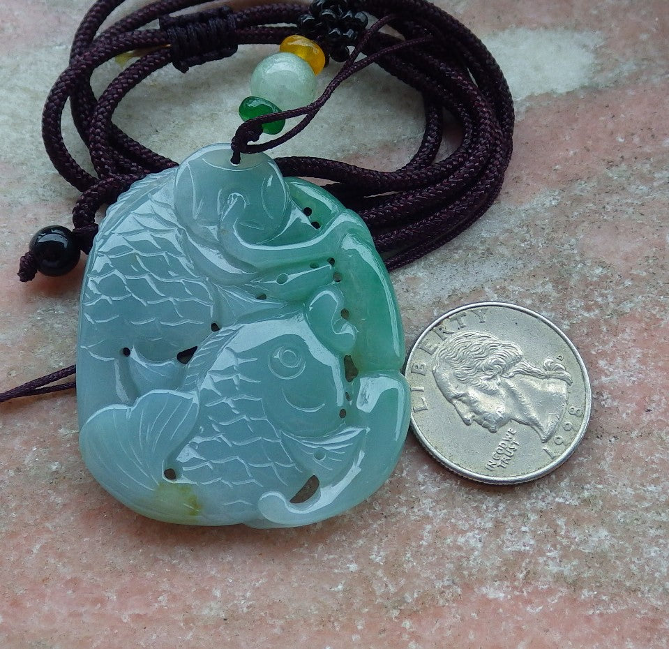 Certified Green Burma 100% Natural A Jade jadeite Pendant Fish Lotus Money Coin Necklace 年年有余 630917 TN