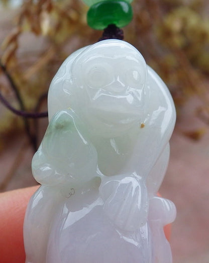 Certified Green Pale Lavender Burma 100% Natural A Jade jadeite Pendant Monkey Peach Ruyi Necklace 猴子 630924 TN