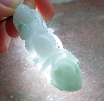 Certified Green Pale Lavender Burma 100% Natural A Jade jadeite Pendant Monkey Peach Ruyi Necklace 猴子 630924 TN