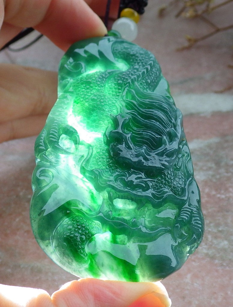 Certified Icy Green Burma 100% Natural A Jade jadeite Pendant Dragon Necklace 生意兴隆 630939 TN