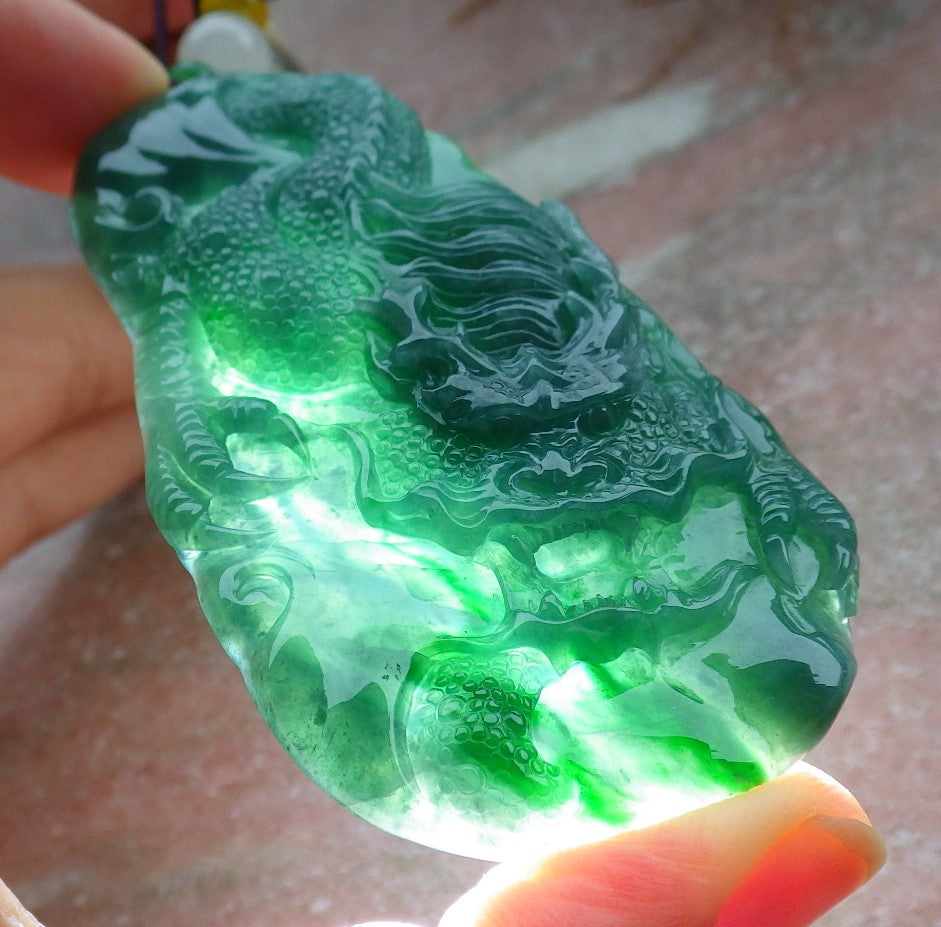 Certified Icy Green Burma 100% Natural A Jade jadeite Pendant Dragon Necklace 生意兴隆 630939 TN