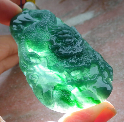 Certified Icy Green Burma 100% Natural A Jade jadeite Pendant Dragon Necklace 生意兴隆 630939 TN