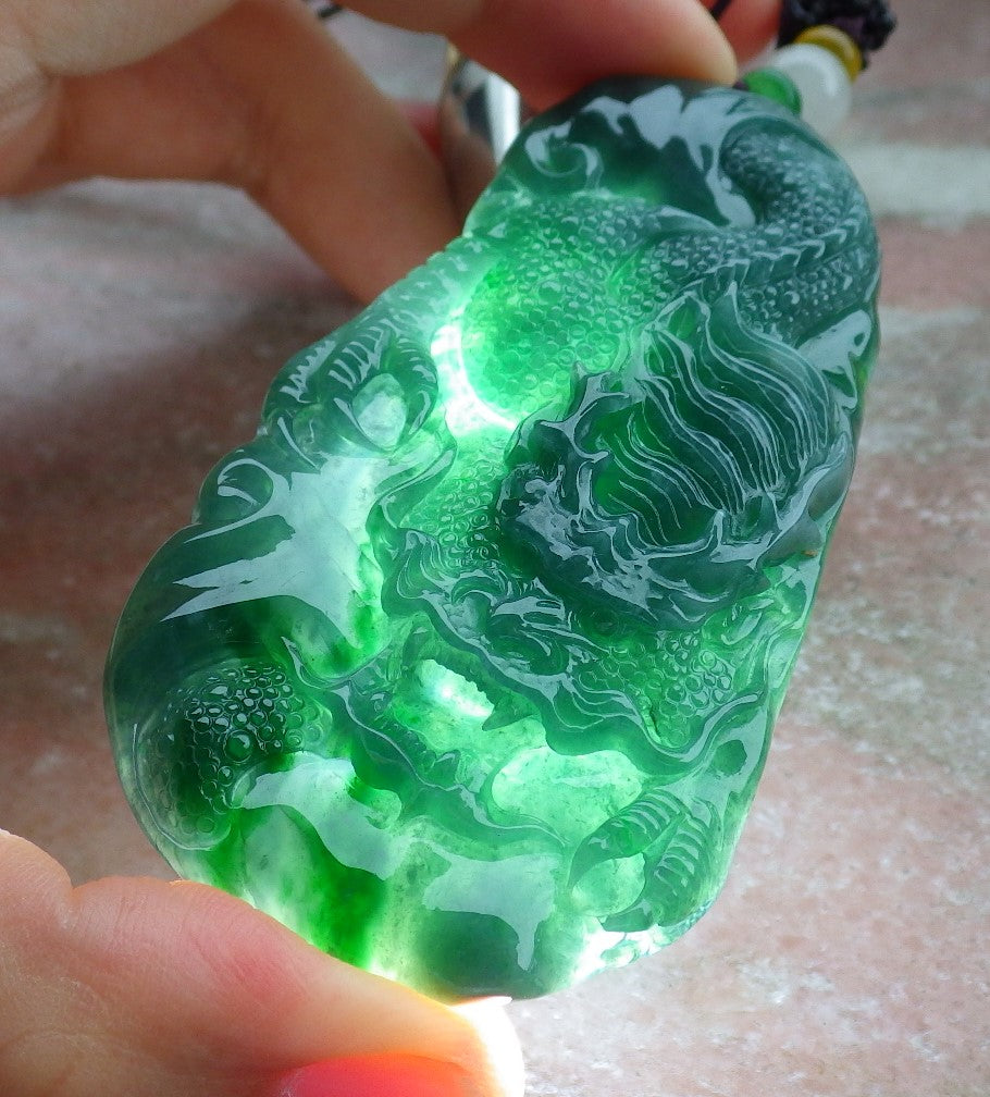 Certified Icy Green Burma 100% Natural A Jade jadeite Pendant Dragon Necklace 生意兴隆 630939 TN