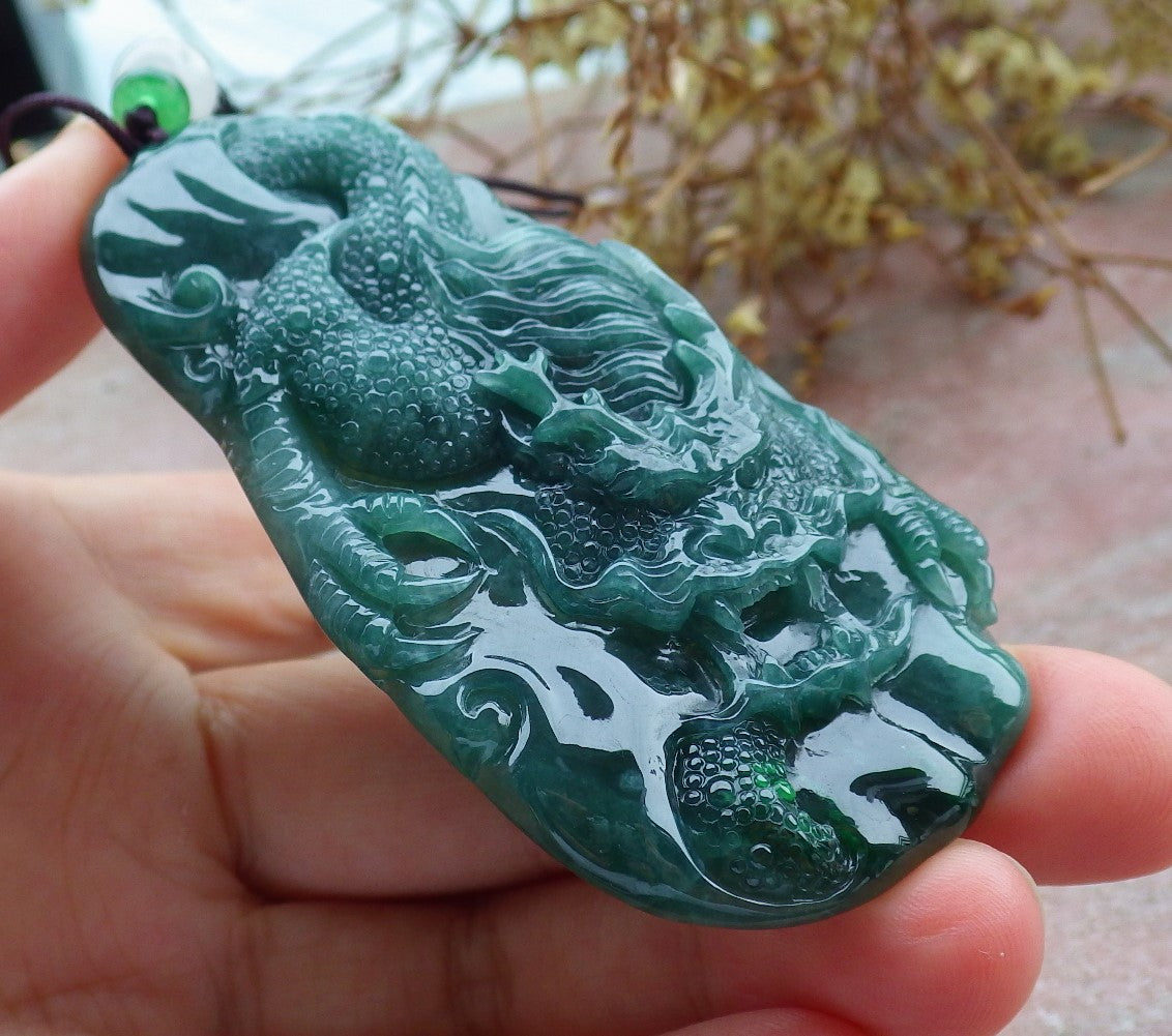 Certified Icy Green Burma 100% Natural A Jade jadeite Pendant Dragon Necklace 生意兴隆 630939 TN