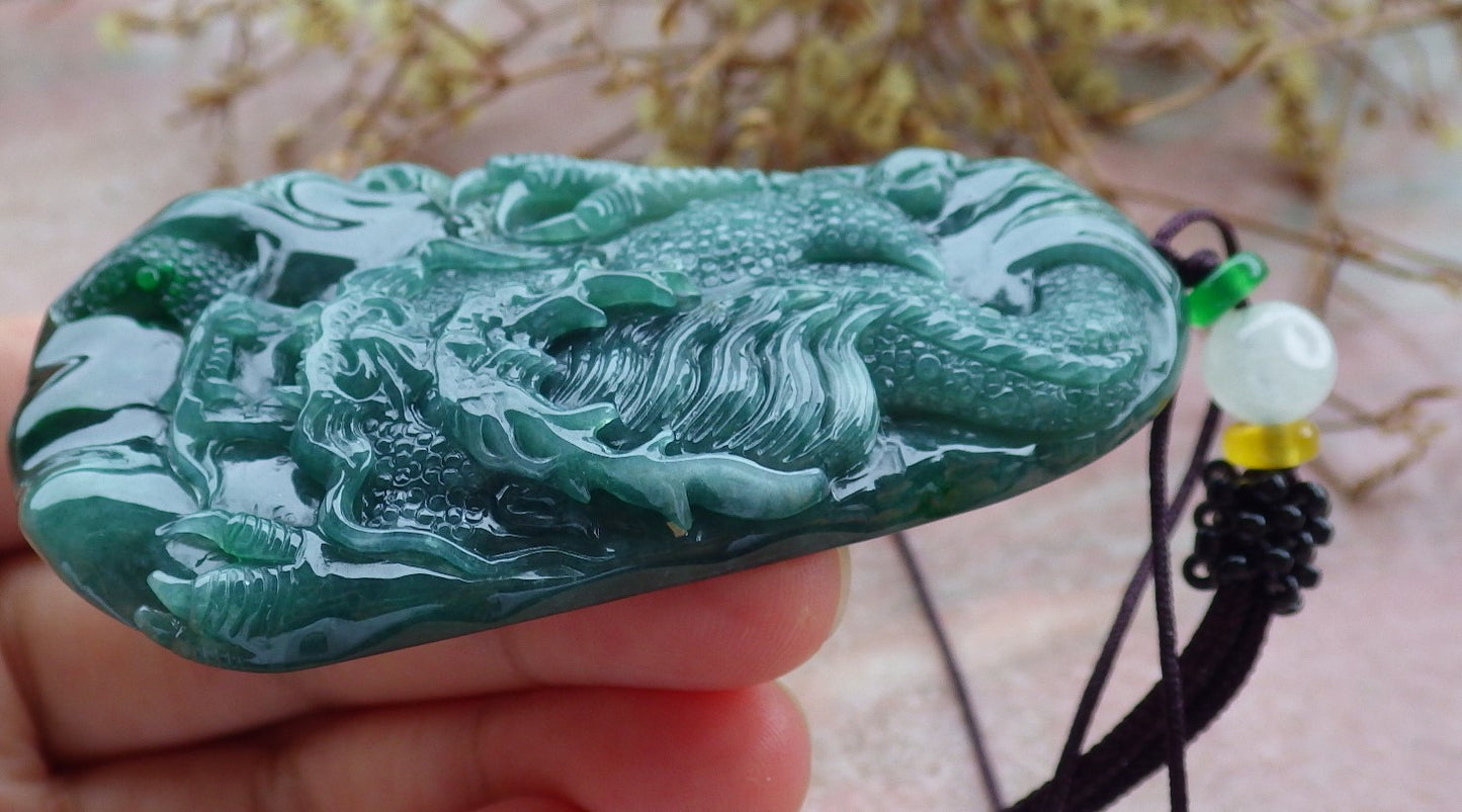 Certified Icy Green Burma 100% Natural A Jade jadeite Pendant Dragon Necklace 生意兴隆 630939 TN