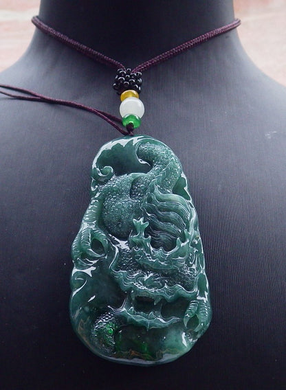 Certified Icy Green Burma 100% Natural A Jade jadeite Pendant Dragon Necklace 生意兴隆 630939 TN