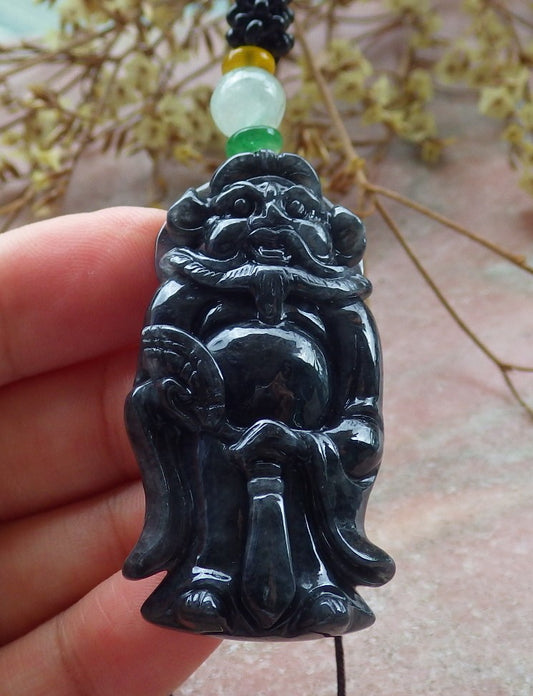 Certified Black Burma 100% Natural A Jade jadeite pendant Zhong Kui God Sword Fan Necklace 钟馗 631116 TN