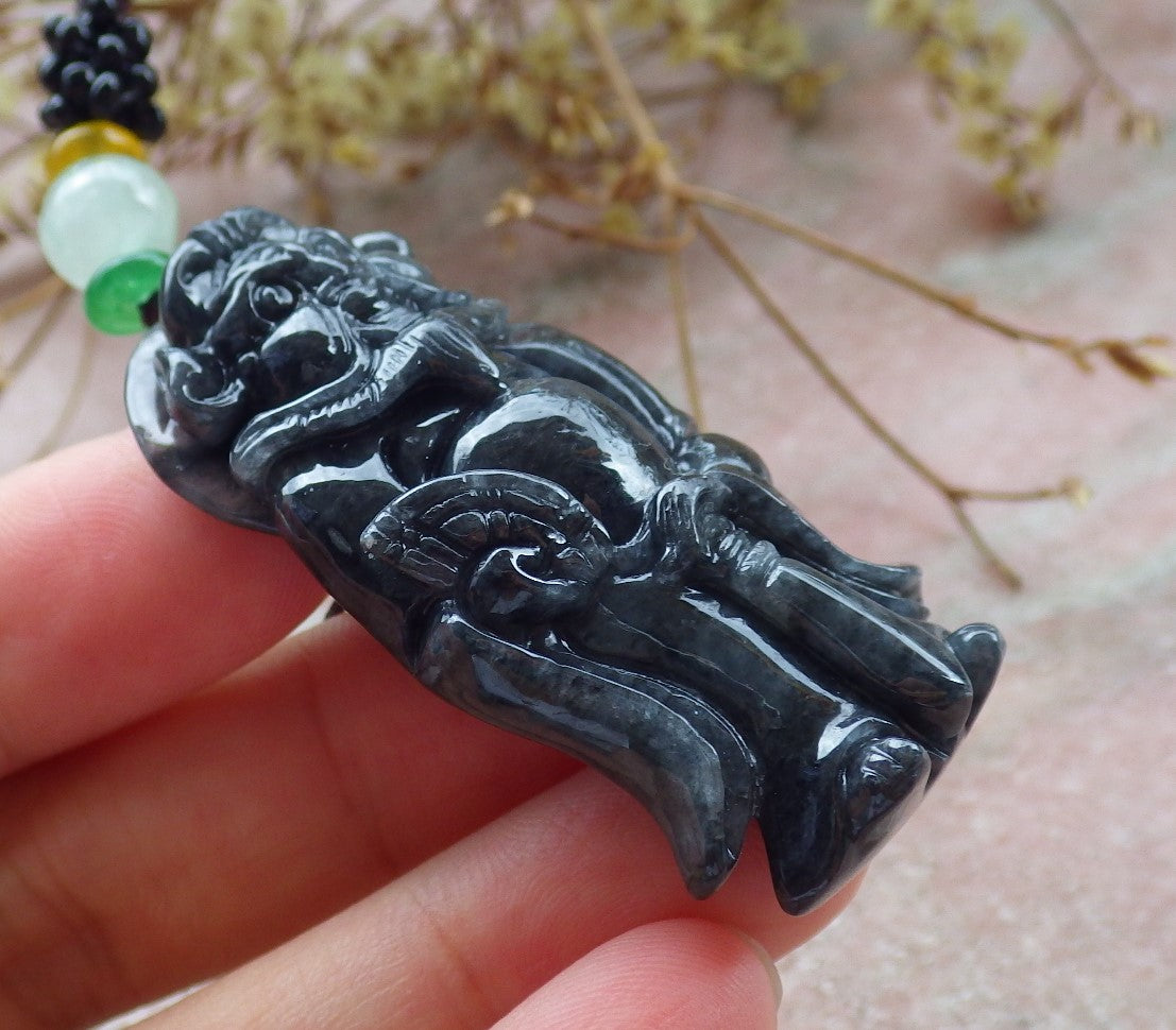 Certified Black Burma 100% Natural A Jade jadeite pendant Zhong Kui God Sword Fan Necklace 钟馗 631116 TN